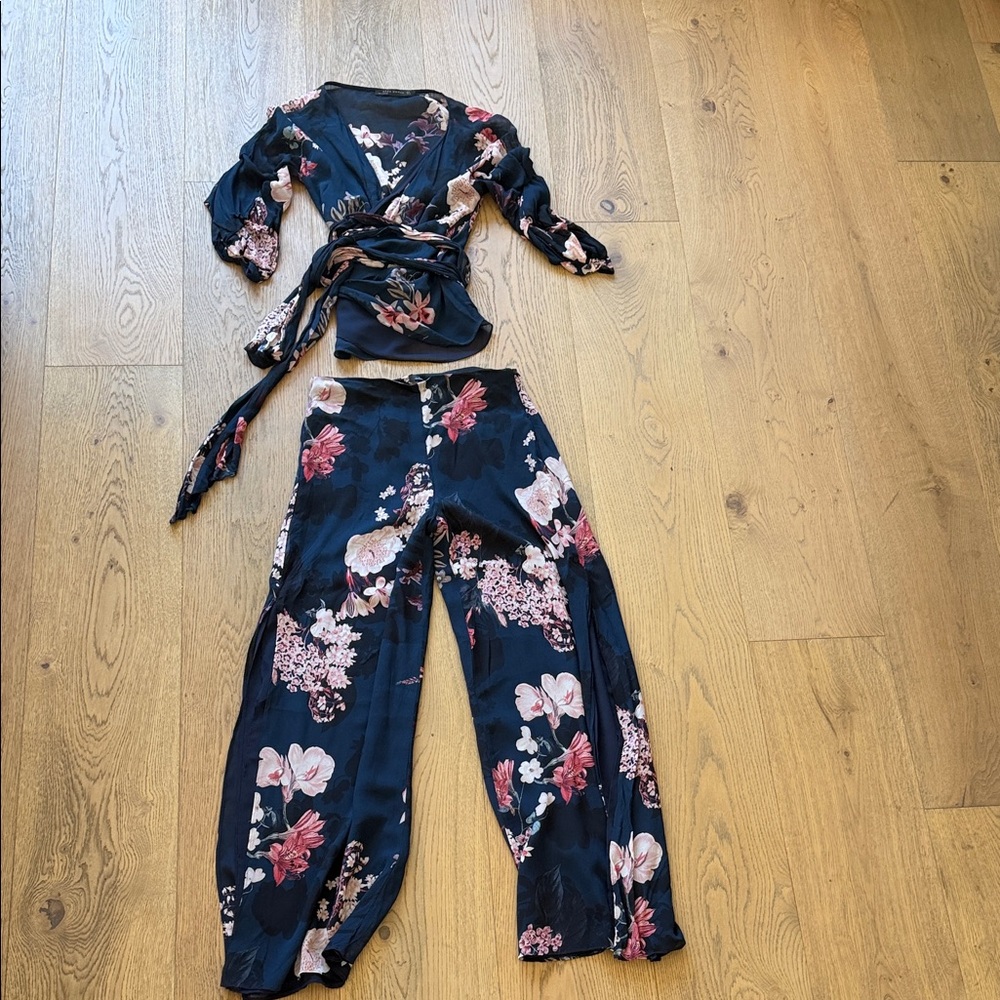 Zara Navy Floral Wrap Top and Wide-Leg Pants Set